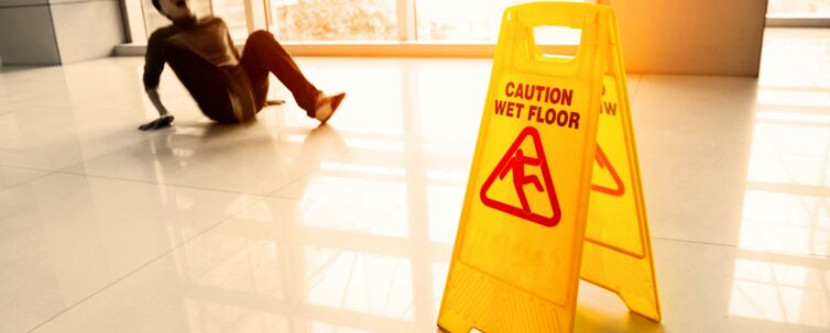 Man slips falling on wet floor next to the wet floor caution sign