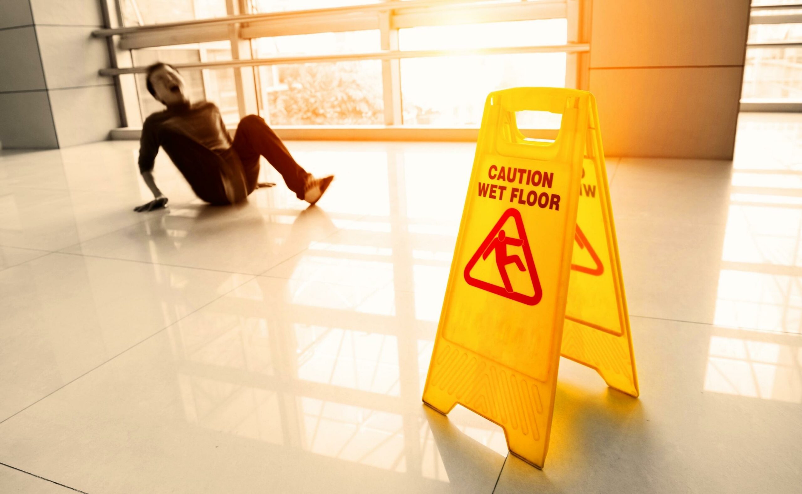 Man slips falling on wet floor next to the wet floor caution sign