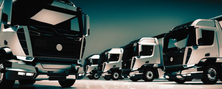 Fleet of modern trucks on light background