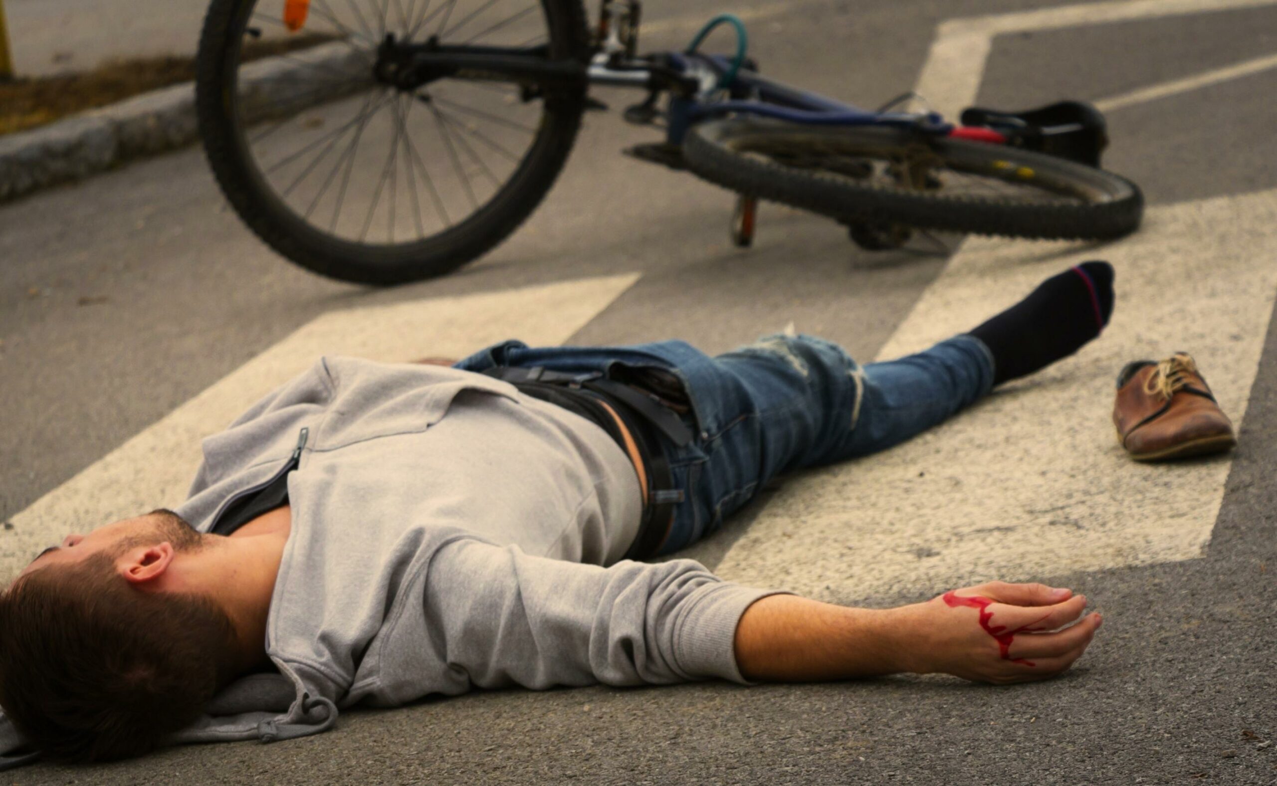 Bicycle accident. man hit by a car