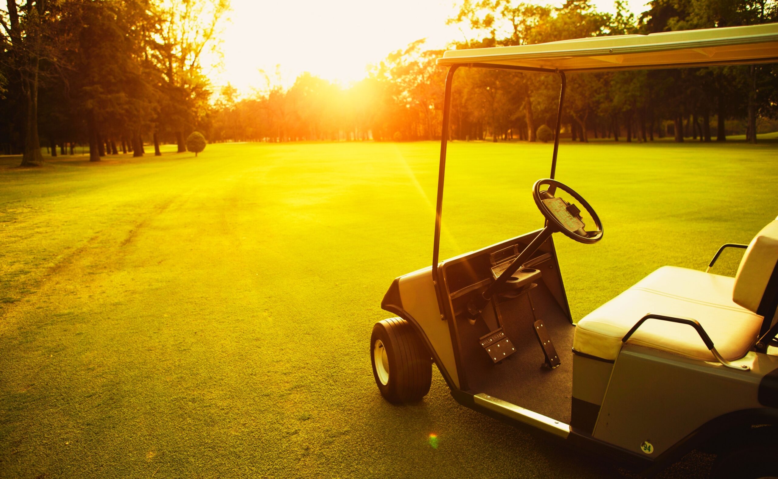 Golf cart in a beautiful sunset on the background
