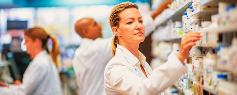 Medical professionals and pharmacists provide medication at the pharmacy