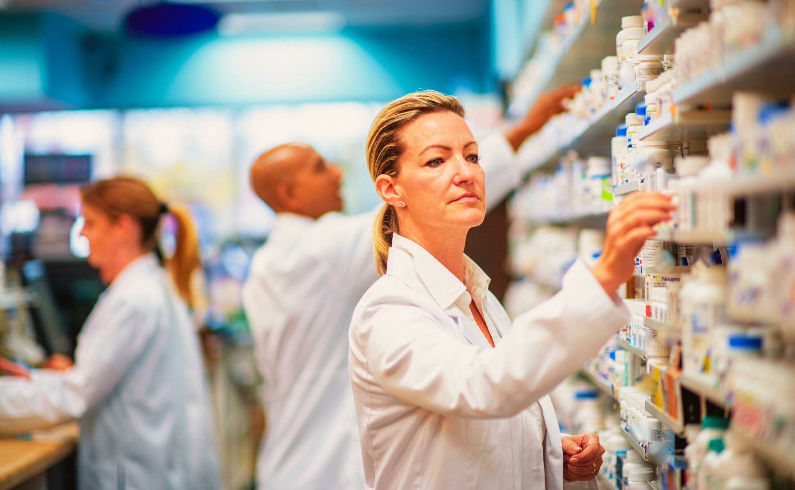 Medical professionals and pharmacists provide medication at the pharmacy