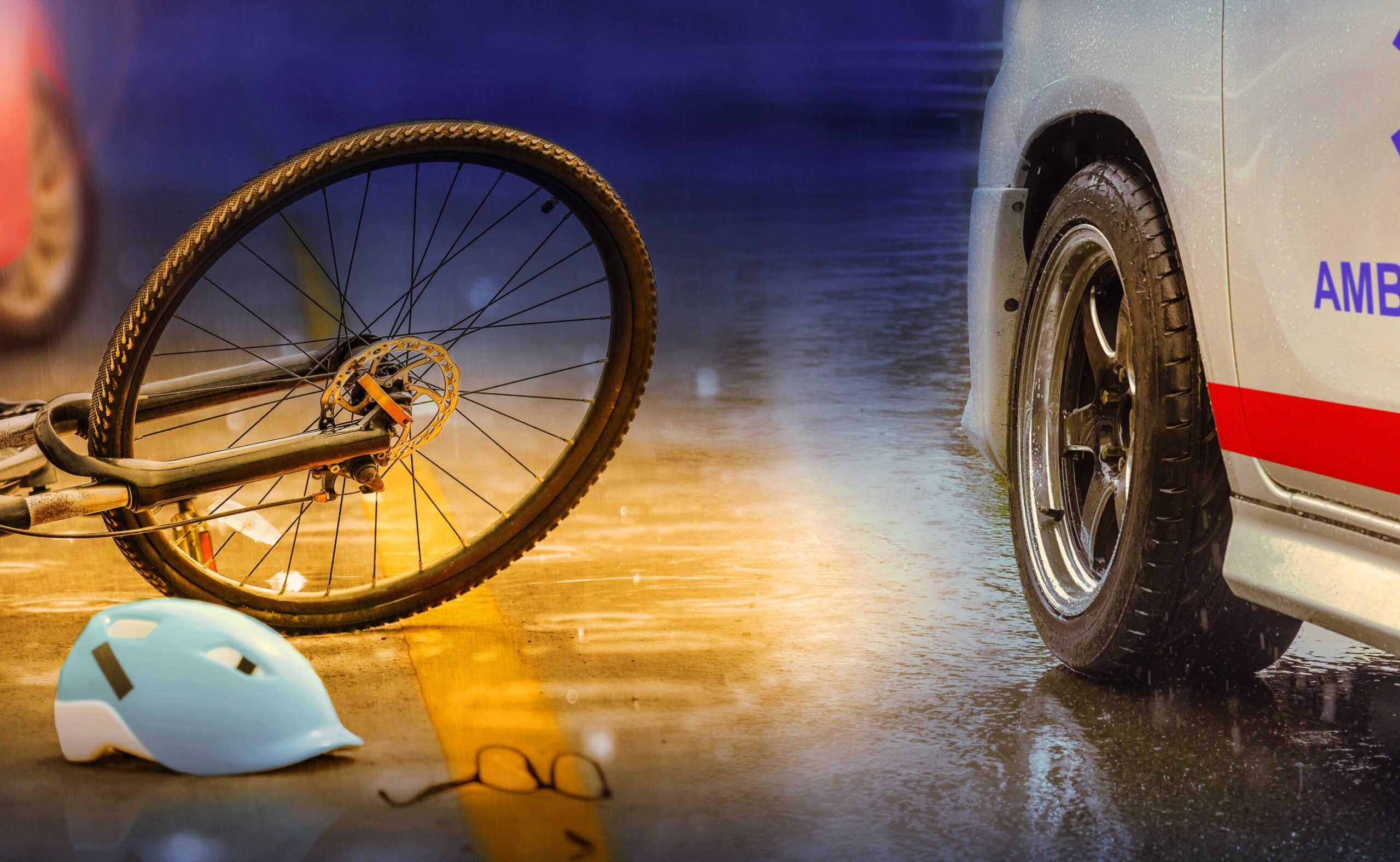 Accident car crash with bicycle on road, rainy day at night time
