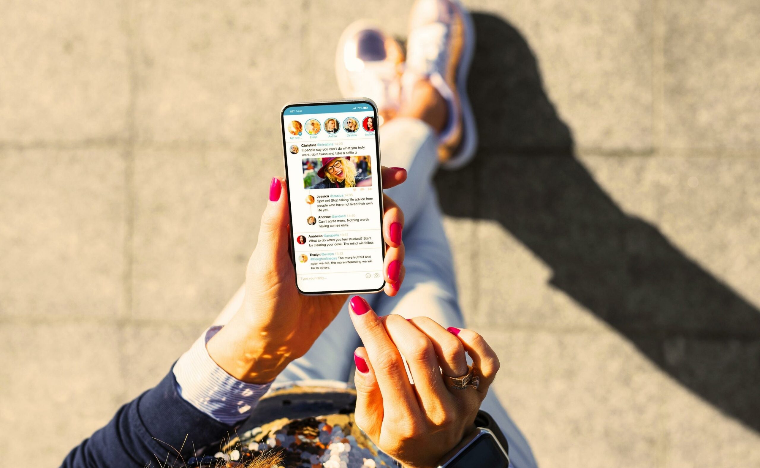Woman using social media microblogging app on her phone
