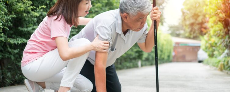 Senior man falling caused by muscle weakness