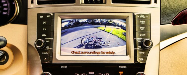 automobile safety reverse camera screen on an interior dashboard