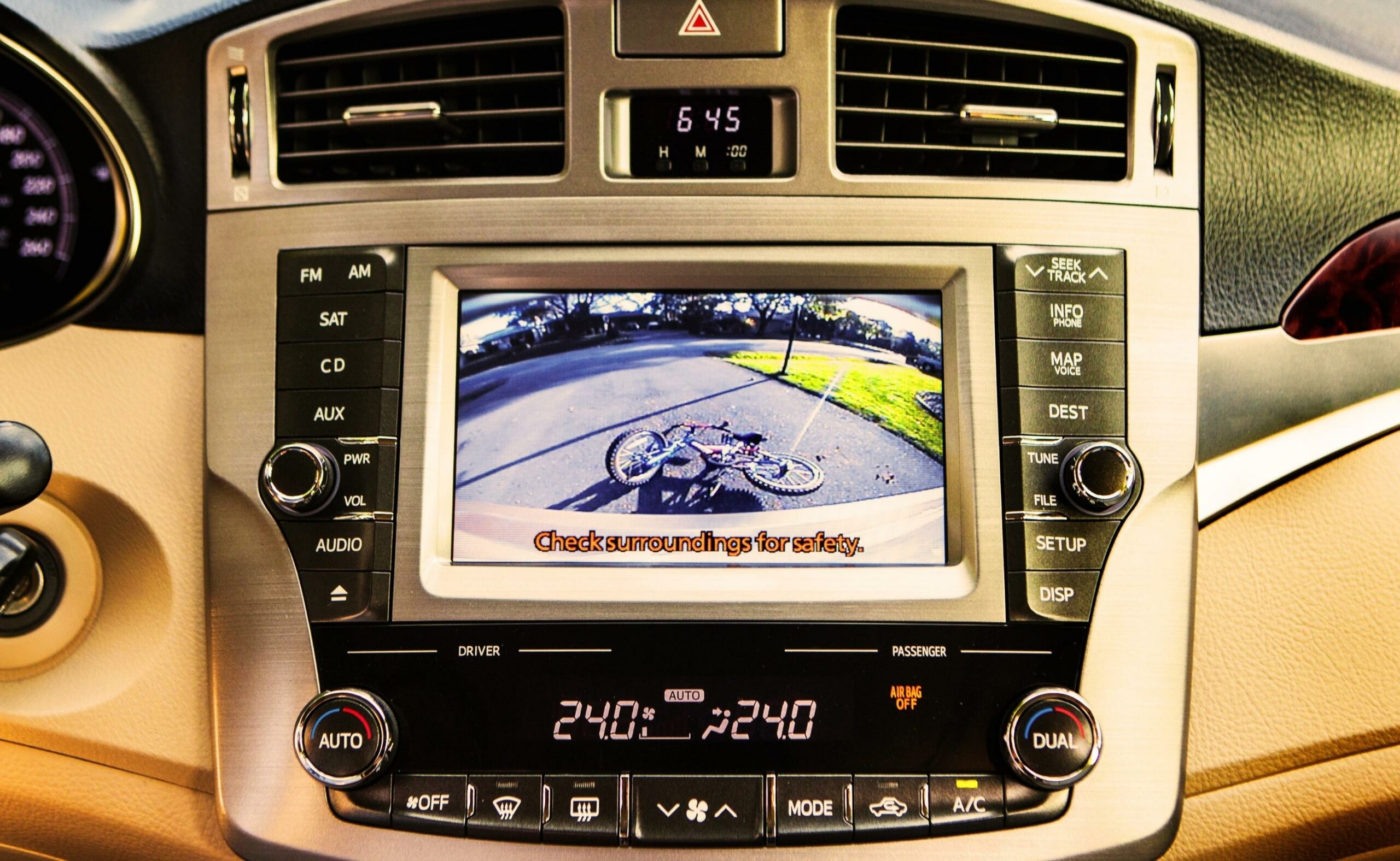 automobile safety reverse camera screen on an interior dashboard