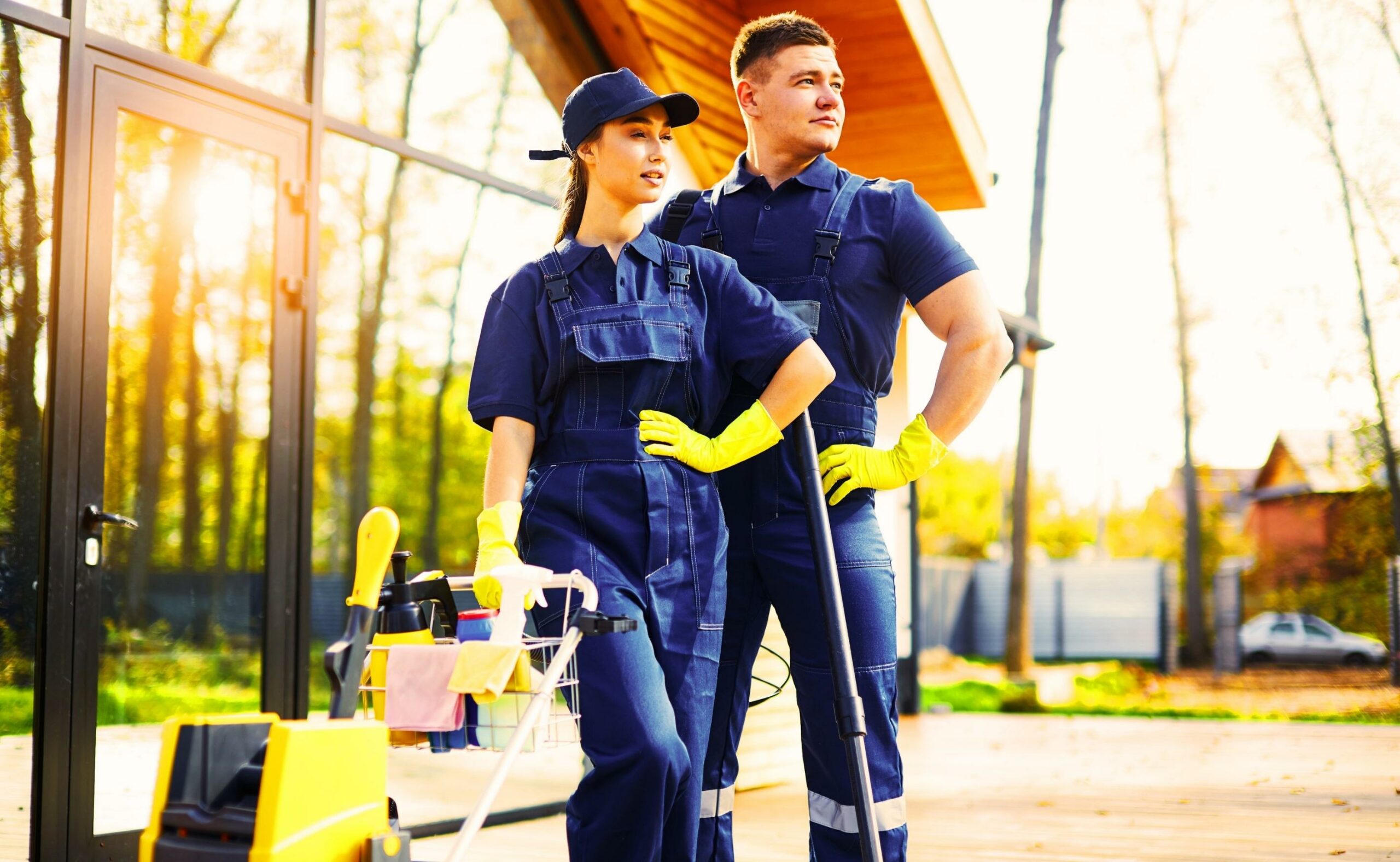 Two friends from cleaning service busy with house cleaning session stands closely outdoors