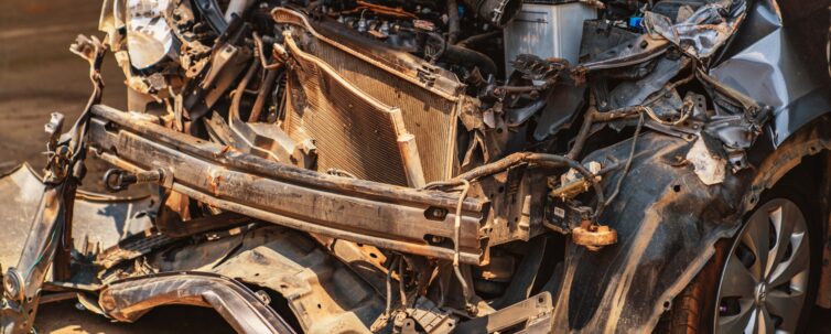 Front car get damaged by accident, damaged vehicle after crash