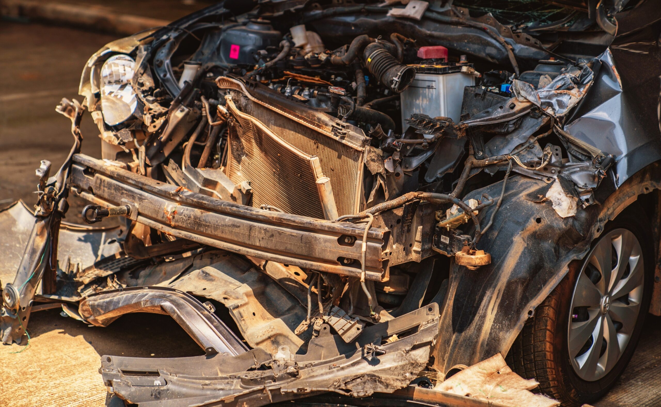 Front car get damaged by accident, damaged vehicle after crash